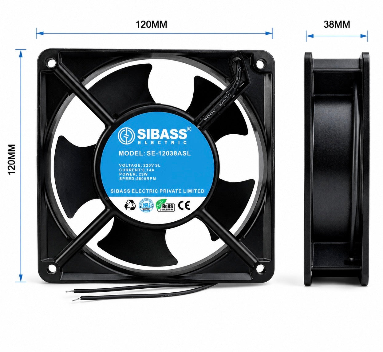 SIBASS 120x120x38mm AC Cooling Fan 220V | 23W High Speed 2600 RPM Ventilation Exhaust Fan | Industrial Cooling Fan for Control Panel, Electrical Cabinet &amp; Ventilation