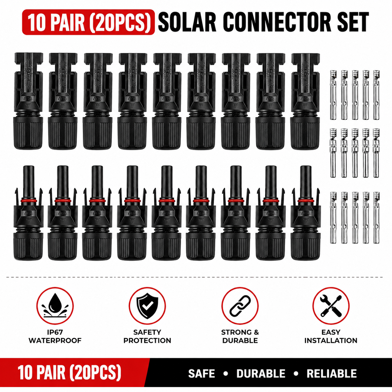 MC4 Solar Connector Kit 10 Pair (Male & Female) with 20 Crimp Pins | IP67 Waterproof Solar Panel Cable Connector | UV Resistant | Easy Installation for PV Solar System