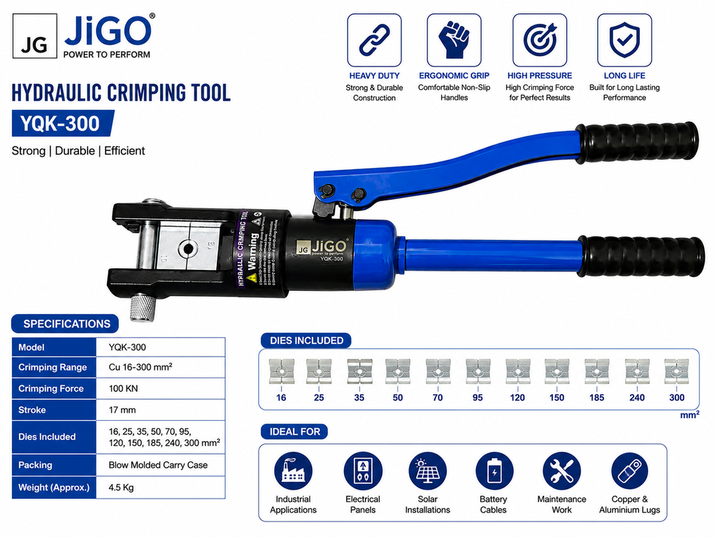 JiGO YQK-300 Hydraulic Cable Lug Crimping Tool Kit 16-300 Sq.mm | 100KN Heavy Duty Hydraulic Hand Crimper | Copper & Aluminium Cable Lug Press Tool with Carry Case