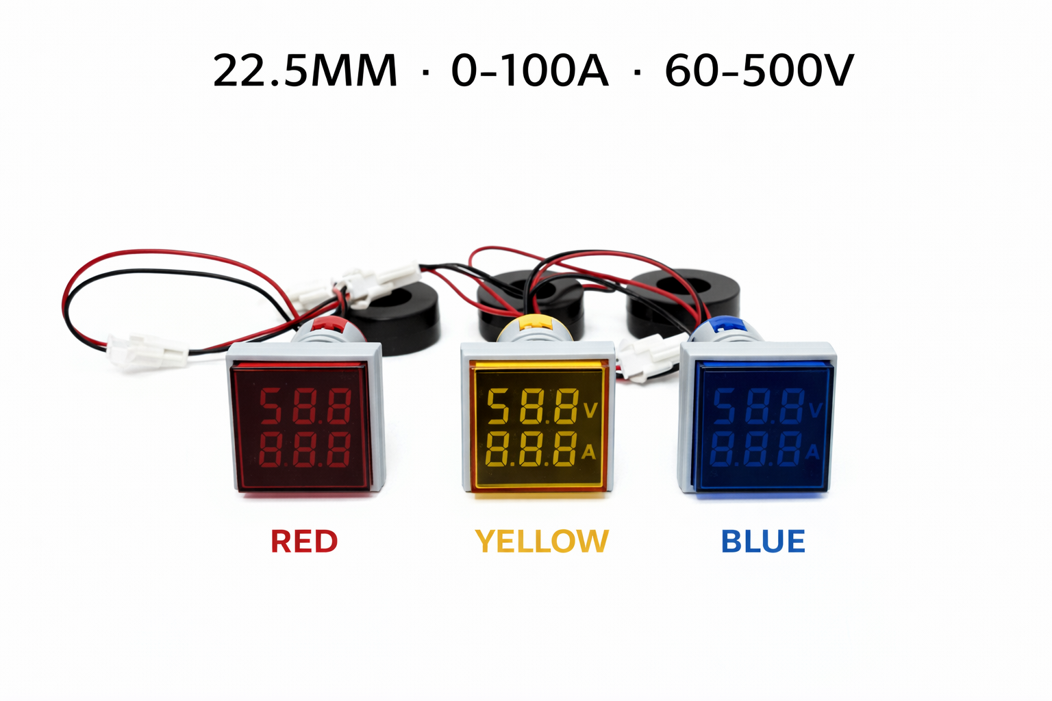 Digital AC Voltmeter Ammeter 100A | AC 100-500V Panel Meter | Square LED Voltage & Current Display | Red, Yellow & Blue LED | Panel Mount Meter for Electrical Control Panels