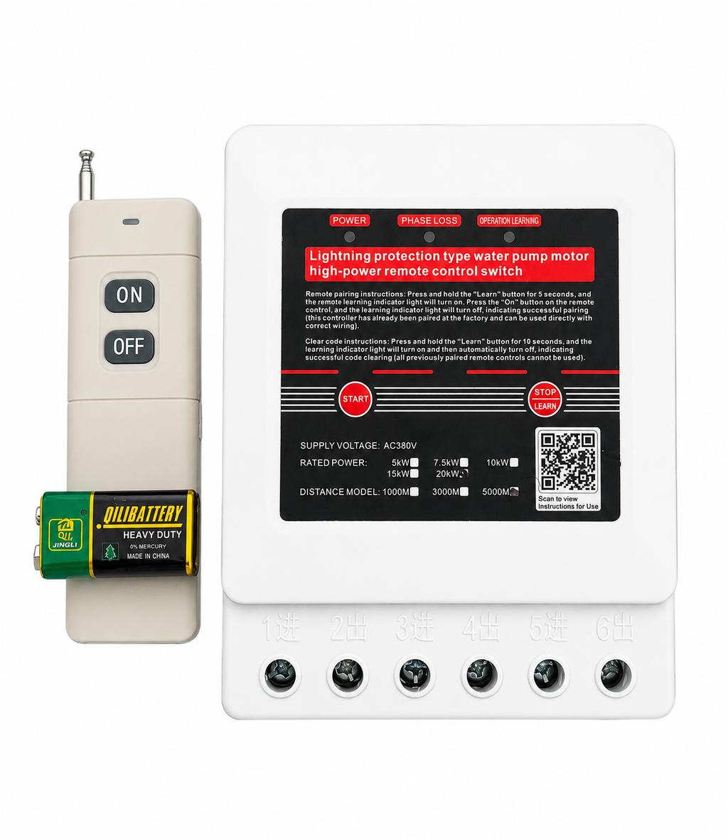 5000M Range 20kW (Approx. 40A) 3 Phase Wireless Water Pump Remote Control Switch | AC 380V | Supports Up to 25HP Motor | Long Distance ON/OFF Remote Controller | Lightning & Phase Loss Protection