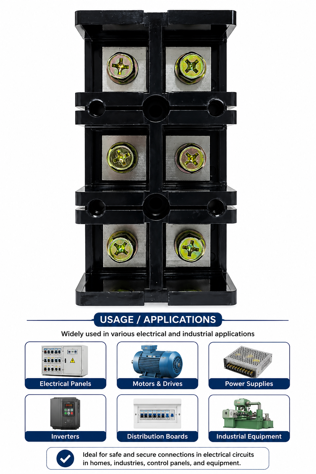 200A 3 Pole Terminal Block | Heavy Duty Power Distribution Connector | 600V Electrical Junction Terminal | Industrial Distribution Block for Control Panel, DB, Inverter & Electrical Equipment (1 Pc)