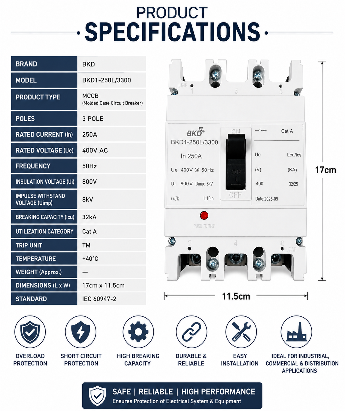 BKD 250A 3 Pole MCCB Molded Case Circuit Breaker | 400V, 32kA Breaking Capacity | Heavy Duty Industrial Circuit Breaker | Model BKD1-250L/3300