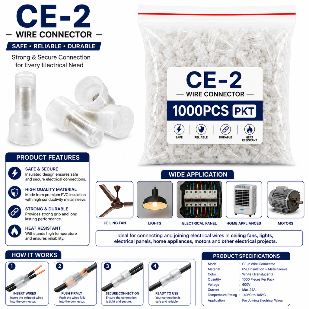 CE-2 Wire Connector 1000 PCS Pack | Insulated Crimp Wire Connectors | PVC Insulation with Metal Sleeve | Heat Resistant Electrical Cable Joint Connectors for Home, Industrial & DIY Wiring | White