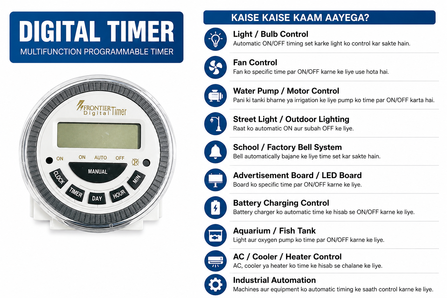Frontier Digital Timer Switch TM-619H-2 | 30A 250V Programmable Digital Time Switch | Automatic ON/OFF Timer for Water Pump, Lights, Motor, Street Light, Bell & Industrial Automation