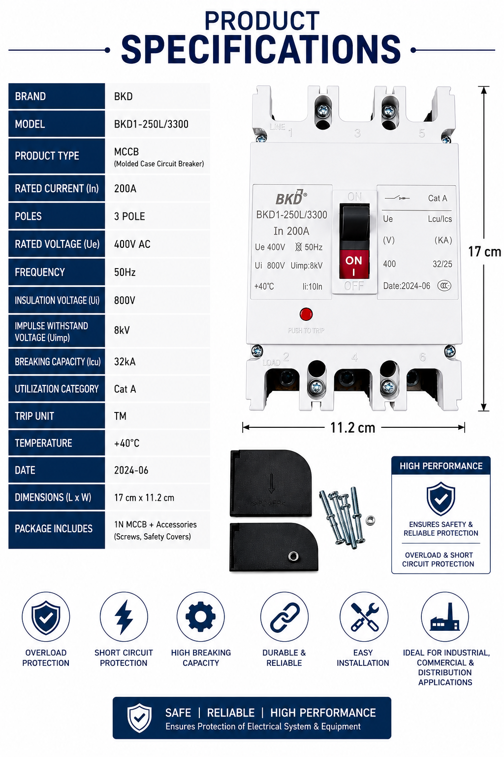 BKD 200A 3 Pole MCCB Molded Case Circuit Breaker | 400V AC | 32kA Breaking Capacity | Heavy Duty Industrial Circuit Breaker | Model BKD1-250L/3300