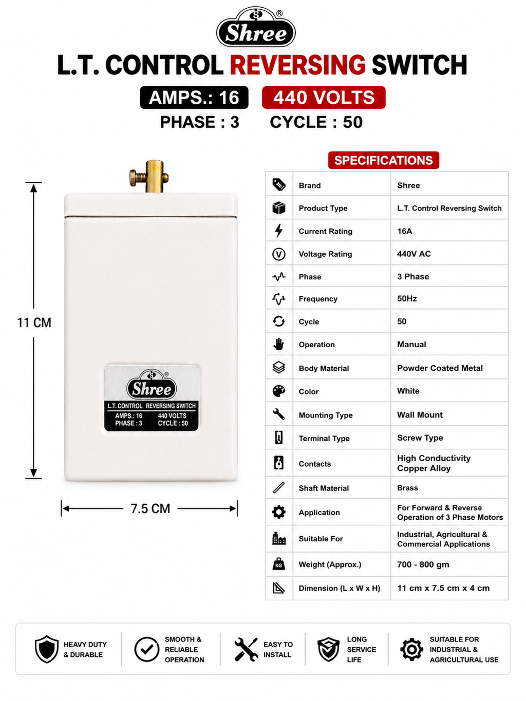 Shree LT Control Reverse Forward Switch 16A 3 Phase 440V Heavy Duty Manual Motor Reversing Switch | Metal Body | Industrial & Agricultural Applications