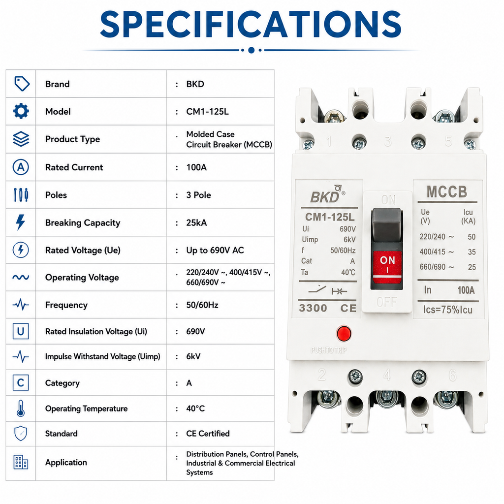 BKD CM1-125L 100A 3 Pole MCCB Molded Case Circuit Breaker | 25kA Breaking Capacity | Up to 690V AC | Industrial Protection