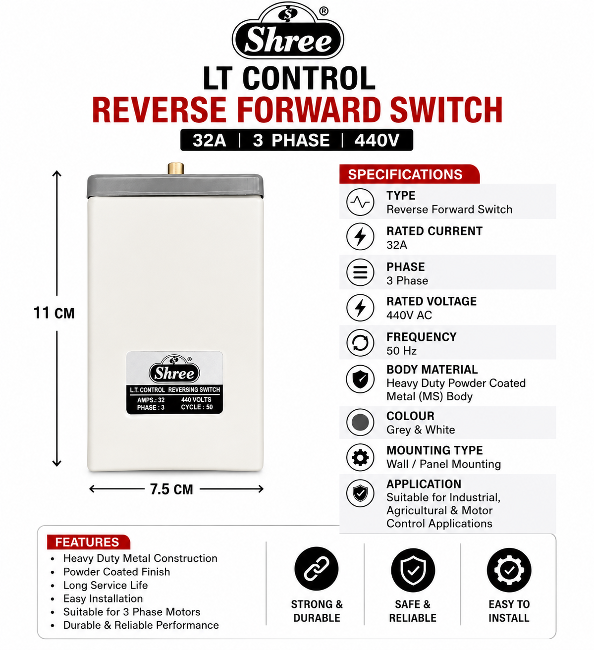 Shree LT Control Reverse Forward Switch 32A 3 Phase 440V Heavy Duty Manual Motor Reversing Switch | Metal Body | Wall Mount | Industrial & Agricultural Motor Control