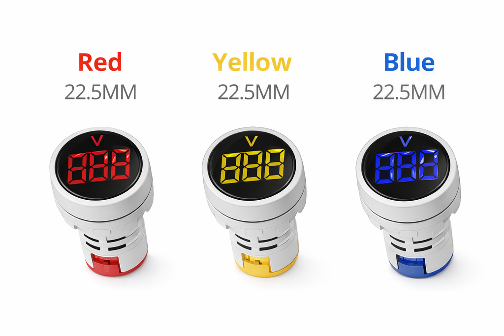 22.5MM Digital AC Voltage Indicator | LED Panel Voltmeter | 60-500V AC | Red, Yellow & Blue LED Display | Round Panel Mount Voltage Meter for Electrical Control Panel & Distribution Board
