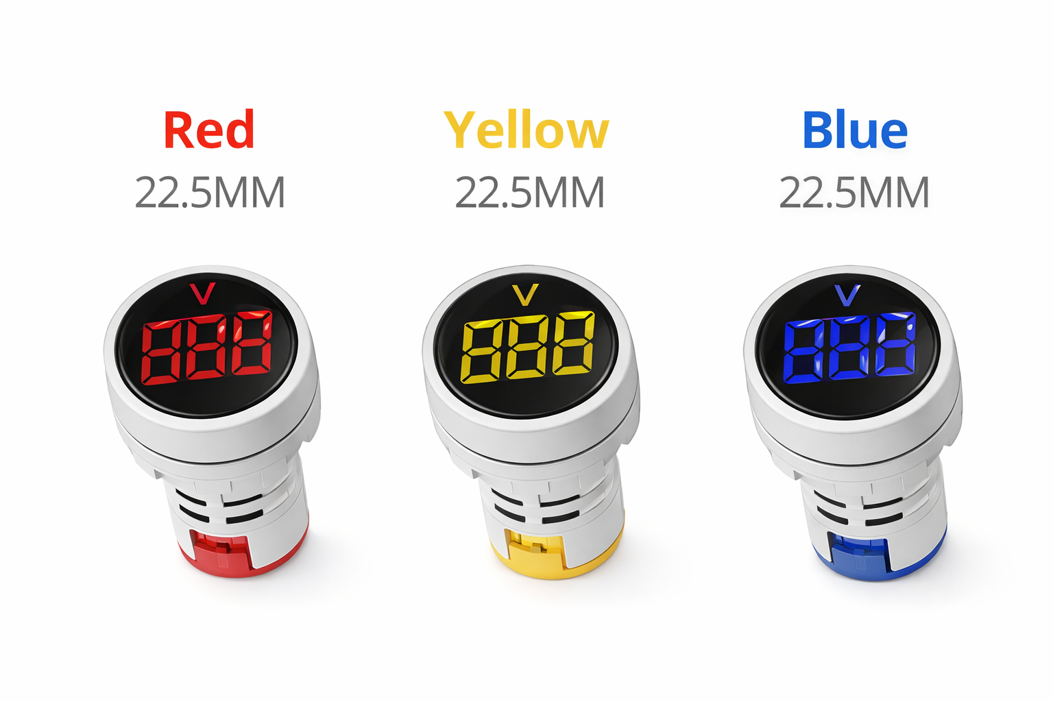 22.5MM Digital AC Voltage Indicator | LED Panel Voltmeter | 60-500V AC | Red, Yellow & Blue LED Display | Round Panel Mount Voltage Meter for Electrical Control Panel & Distribution Board