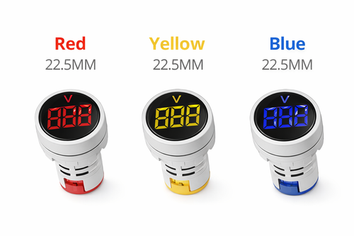 22.5MM Digital AC Voltage Indicator | LED Panel Voltmeter | 60-500V AC | Red, Yellow & Blue LED Display | Round Panel Mount Voltage Meter for Electrical Control Panel & Distribution Board