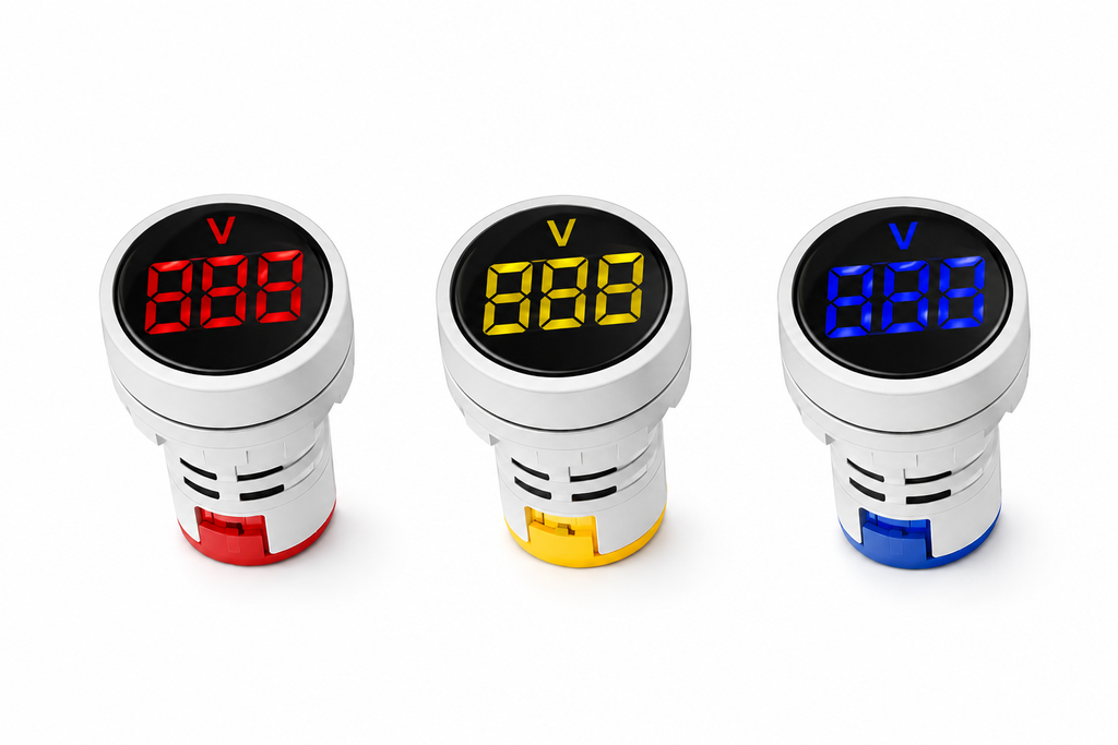 22.5MM Digital AC Voltage Indicator | LED Panel Voltmeter | 60-500V AC | Red, Yellow & Blue LED Display | Round Panel Mount Voltage Meter for Electrical Control Panel & Distribution Board