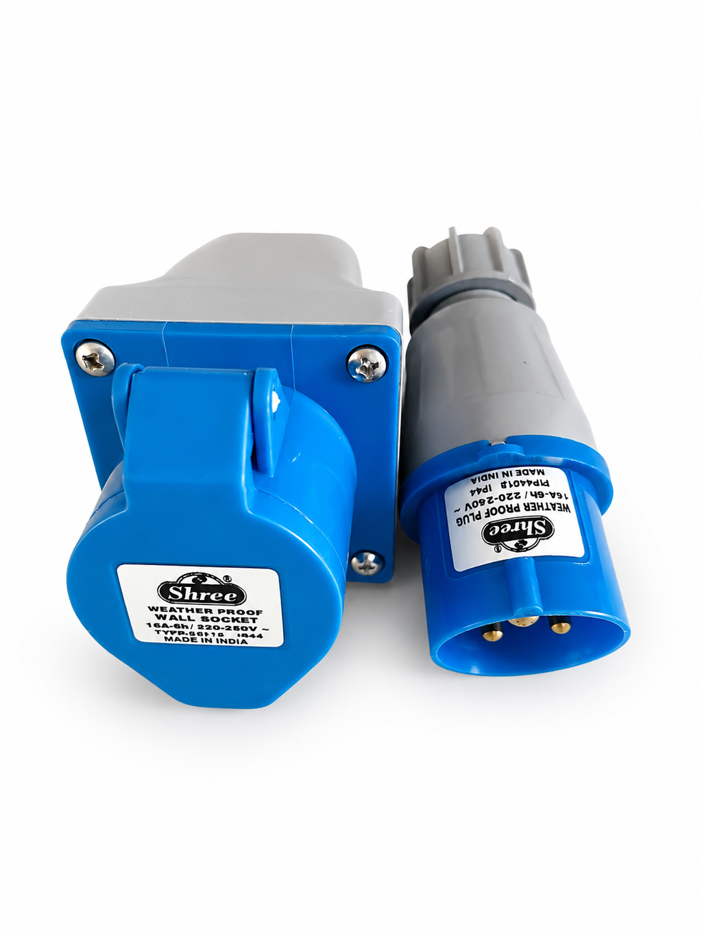 Shree 16A Industrial Weatherproof Wall Socket with 16A 3 Pin Industrial Plug | 220-250V AC | IP44 Splash Proof | 2P+E Industrial Socket & Plug Set | Heavy Duty Electrical Connector | Blue | Made in India