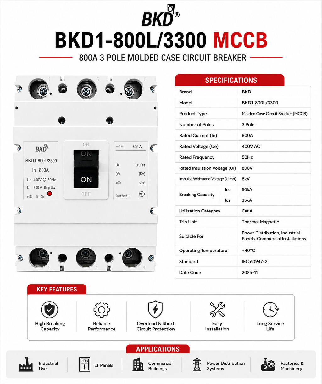 BKD 800A 3 Pole MCCB 50kA Molded Case Circuit Breaker | 400V AC | Industrial Main Switch | BKD1-800L/3300