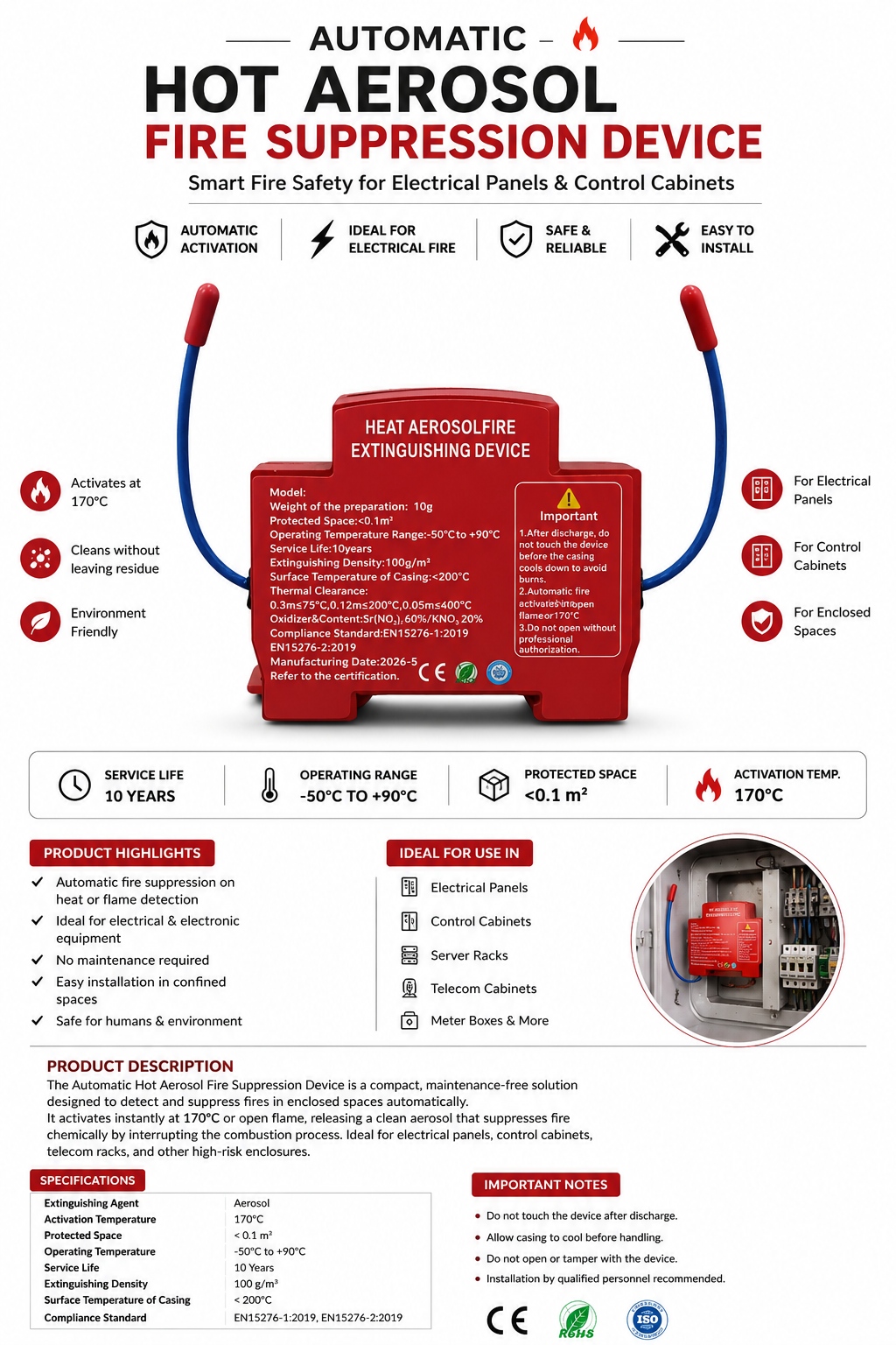 Automatic Fire Extinguisher Aerosol (Pack of 10) | Self-Activating Fire Suppression Device | No Wiring or Power Required | Easy Installation | Suitable for Home, Car, Office & Electrical Panels