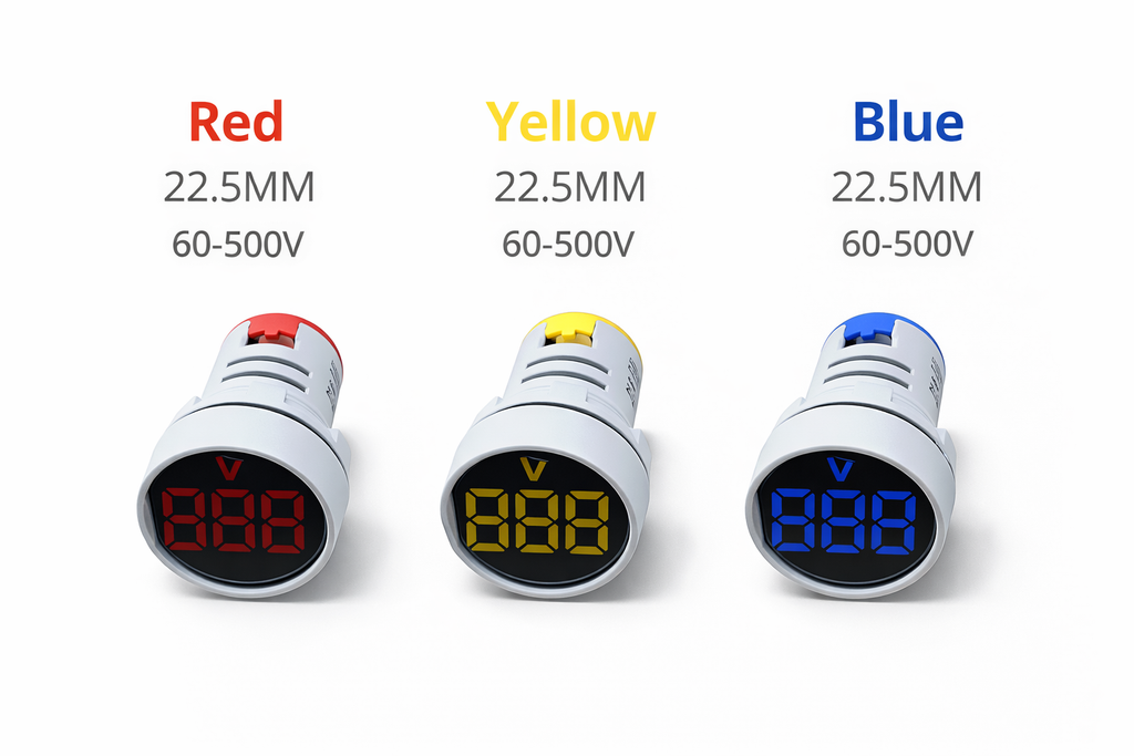 22.5MM Digital AC Voltage Indicator | LED Panel Voltmeter | 60-500V AC | Red, Yellow & Blue LED Display | Round Panel Mount Voltage Meter for Electrical Control Panel & Distribution Board