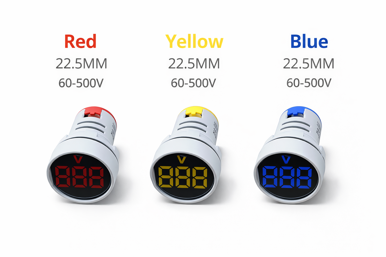 22.5MM Digital AC Voltage Indicator | LED Panel Voltmeter | 60-500V AC | Red, Yellow & Blue LED Display | Round Panel Mount Voltage Meter for Electrical Control Panel & Distribution Board