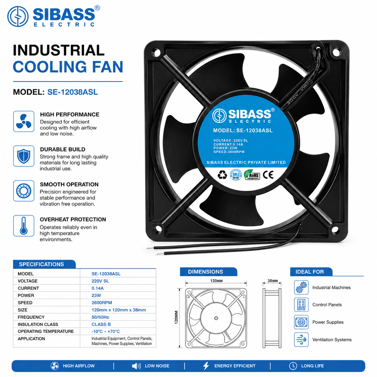 SIBASS 120x120x38mm AC Cooling Fan 220V | 23W High Speed 2600 RPM Ventilation Exhaust Fan | Industrial Cooling Fan for Control Panel, Electrical Cabinet &amp; Ventilation