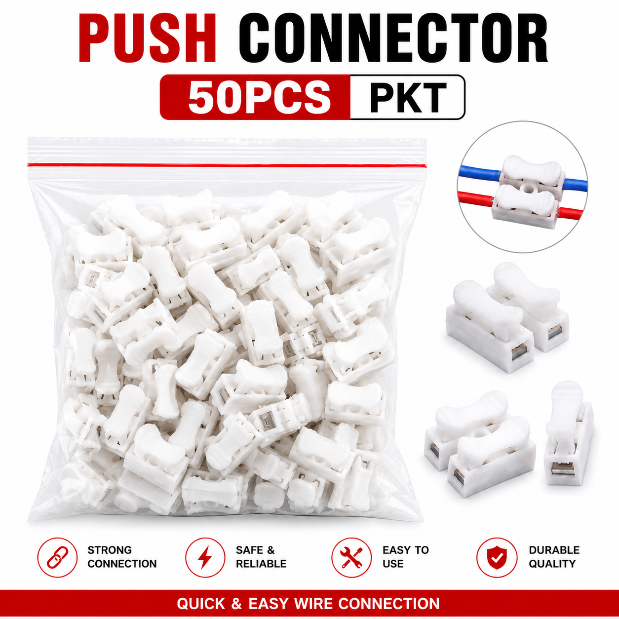 2 Pin Quick Wire Connector 50 PCS, Push Type Wire Connector, No Screw Terminal Block, Reusable Electrical Cable Joint Connector for LED Lights, Home Wiring & DIY Projects (White)