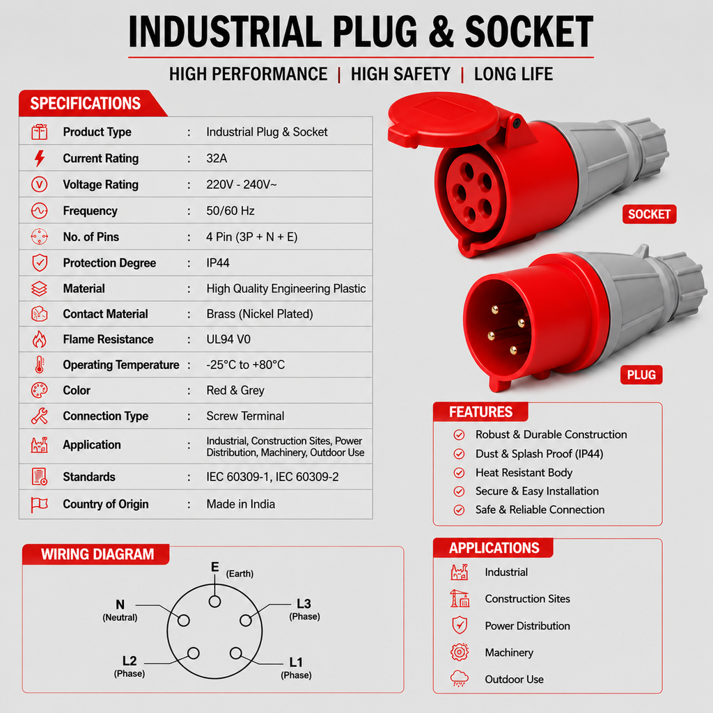 Shree 32A 5 Pin Industrial Plug and Straight Socket Set, 220-240V AC, IP44 Weatherproof, Heavy Duty Male Plug & Female Connector for Industrial, Generator & Power Distribution