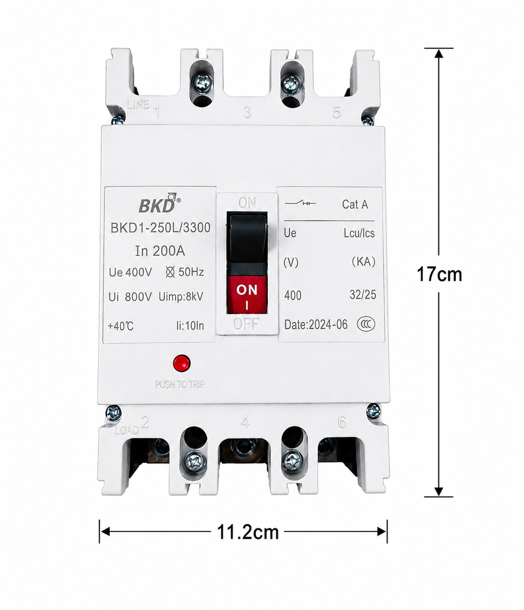 BKD 200A 3 Pole MCCB Molded Case Circuit Breaker | 400V AC | 32kA Breaking Capacity | Heavy Duty Industrial Circuit Breaker | Model BKD1-250L/3300