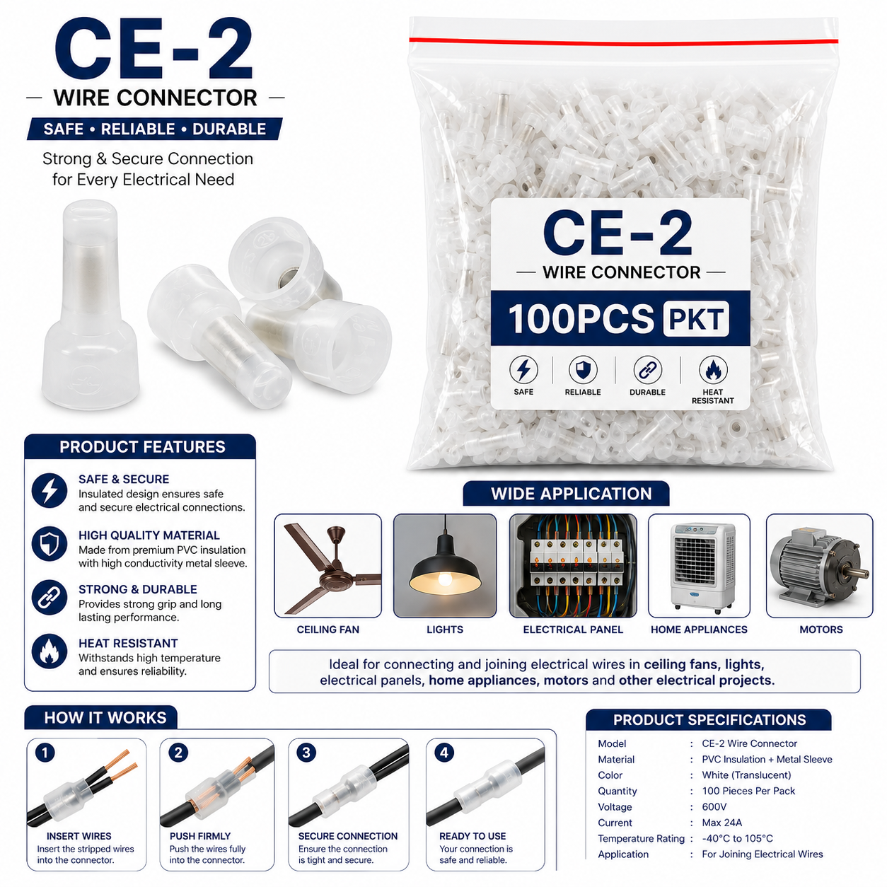 CE-2 Wire Connector 100 PCS Pack | PVC Insulated Crimp Wire Connector | Electrical Wire Joint Connector Terminal | Heat Resistant Wire Sleeve | Quick Wire Joining for Home, Industrial & Electrical Wiring