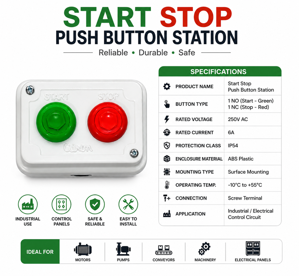 Airon Start Stop Push Button Station | 1 NO + 1 NC Push Button Switch | 250V AC 6A | Surface Mount ABS Enclosure | Industrial Motor Control Switch for Pumps, Motors & Control Panels