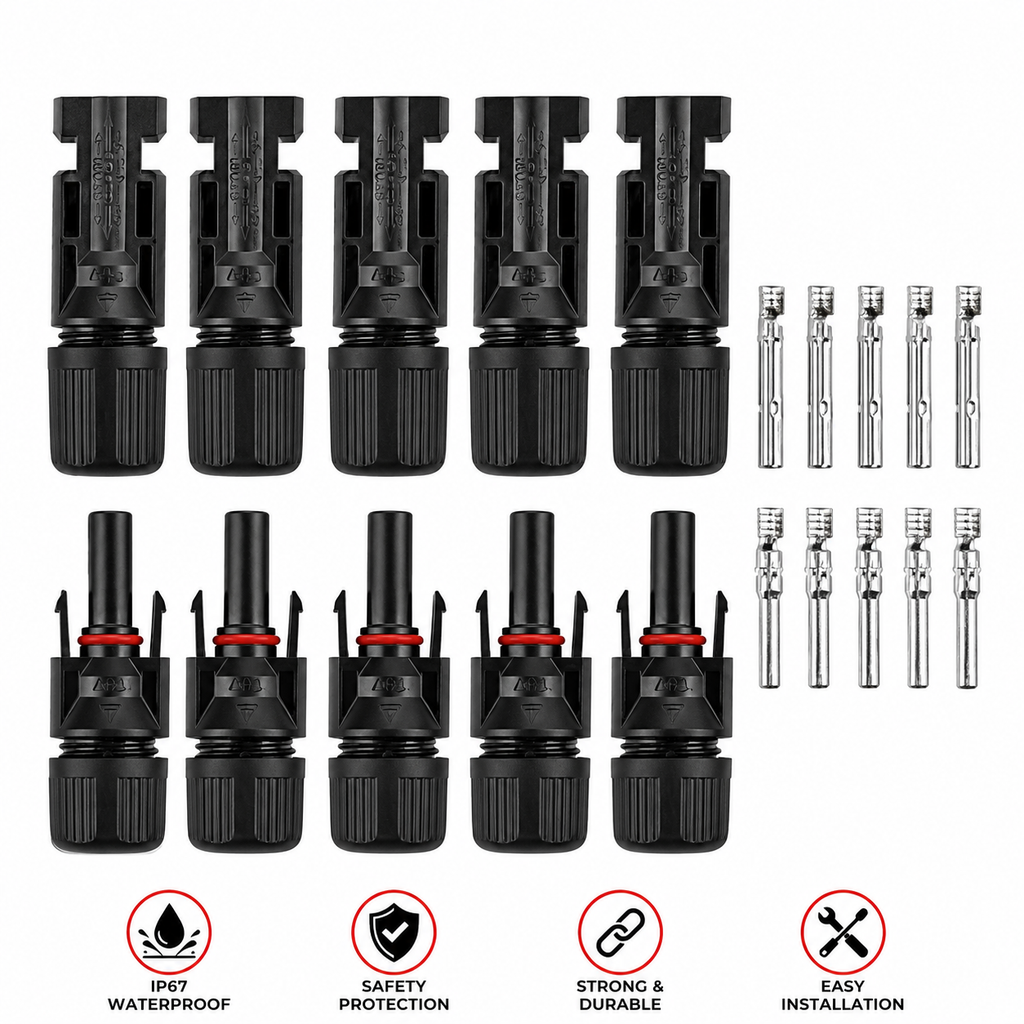 MC4 Solar Connector Kit 5 Pair (Male & Female) with 10 Crimp Pins | IP67 Waterproof Solar Panel Cable Connector | UV Resistant, High Current, Easy Installation for PV Solar System
