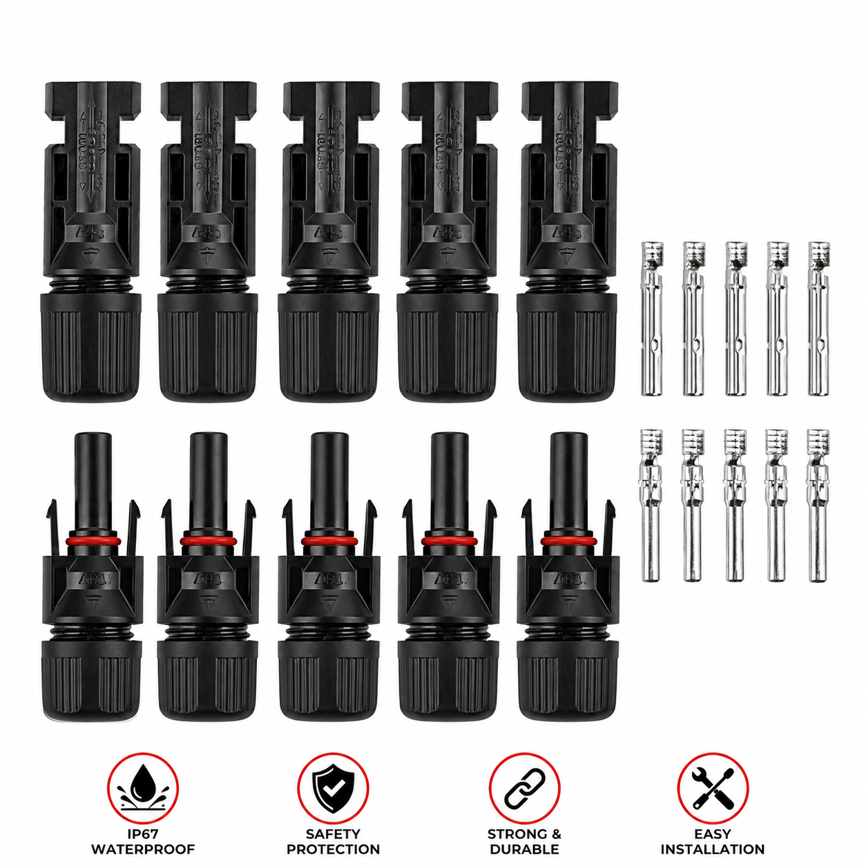 MC4 Solar Connector Kit 5 Pair (Male & Female) with 10 Crimp Pins | IP67 Waterproof Solar Panel Cable Connector | UV Resistant, High Current, Easy Installation for PV Solar System