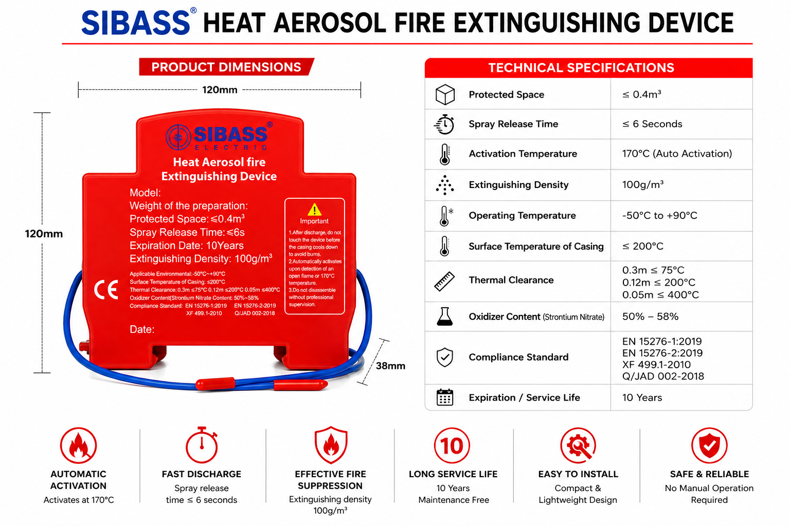SIBASS Heat Aerosol Fire Extinguishing Device – Pack of 10 PCS | Automatic Fire Suppression System for Electrical Panels, Server Racks, Control Panels & Industrial Equipment | 10 Years Life