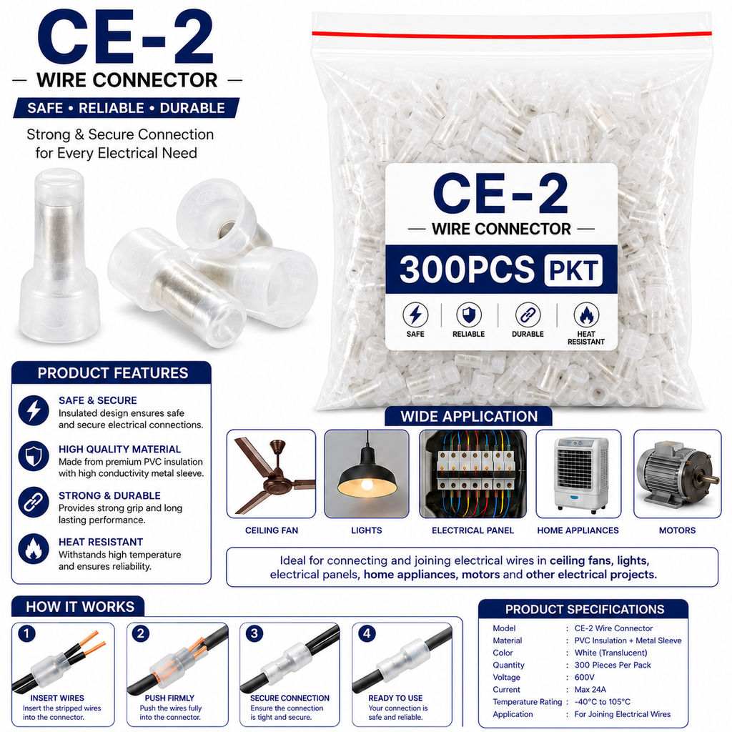 CE-2 Wire Connector 300 PCS Pack | PVC Insulated Crimp Wire Connectors | Quick Electrical Wire Joining Terminal | Heat Resistant | For Electrical Wiring, Ceiling Fan, Lights, Panels & Home Appliances