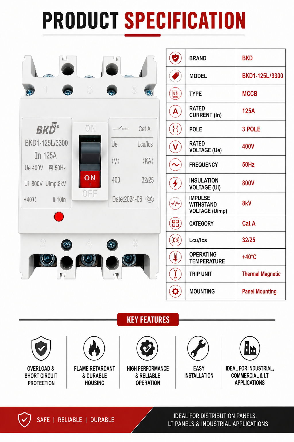 BKD 125A 3 Pole MCCB Molded Case Circuit Breaker | 400V AC | Heavy Duty Industrial Main Protection Switch | BKD1-125L/3300