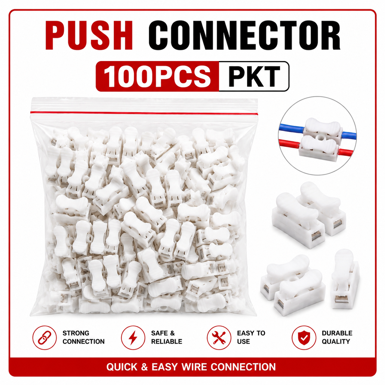 2 Pin Quick Wire Connector, Push Type Cable Connector, No Screw Terminal Block for LED Lights, Electrical Wire Joint Connector, Reusable Wire Splice Connector, White (Pack of 100)