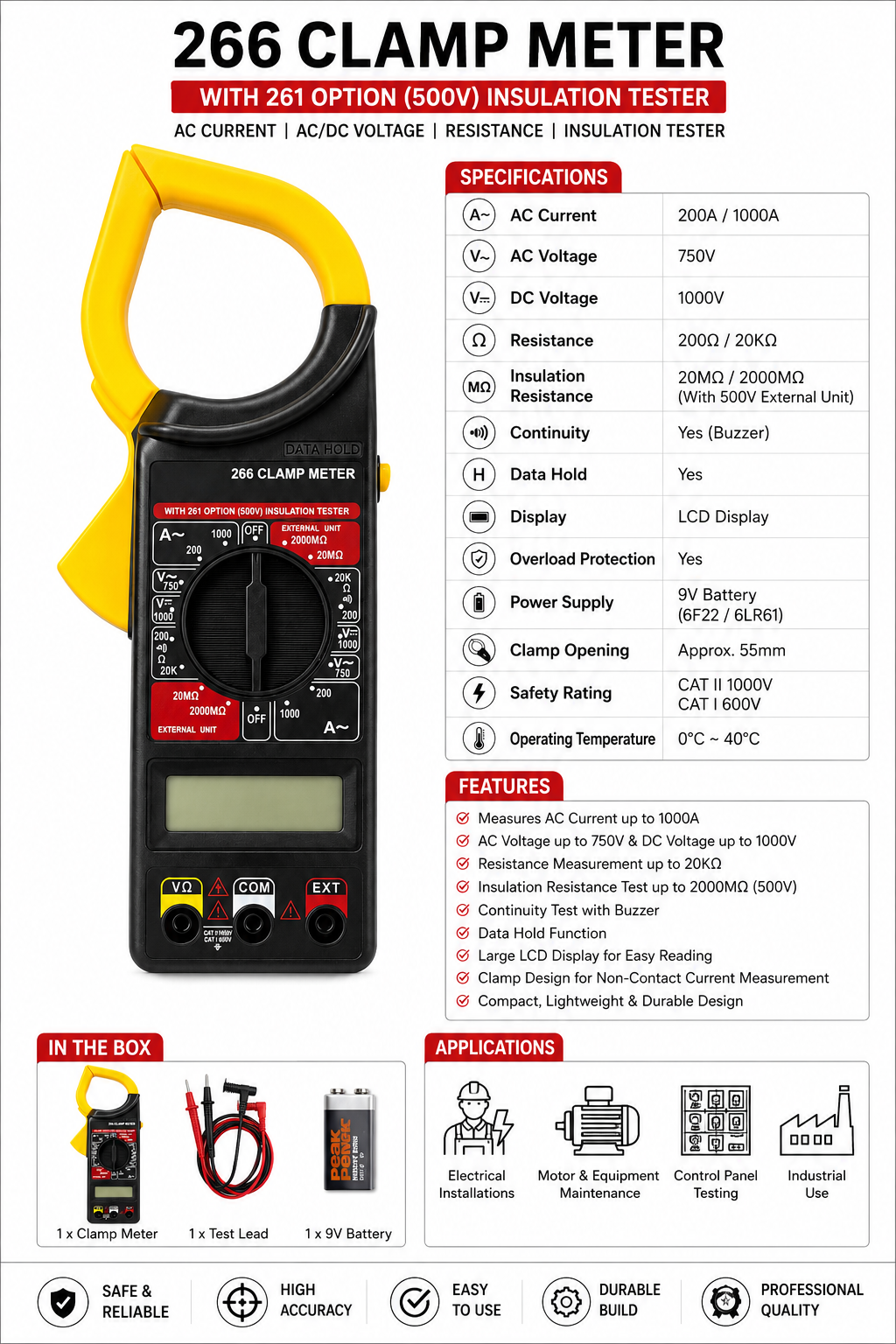 266 Digital Clamp Meter with 500V Insulation Tester, AC Current 1000A, AC/DC Voltage, Resistance, Continuity Test, Data Hold, LCD Display, Electrical Multimeter for Electricians & Industrial Use