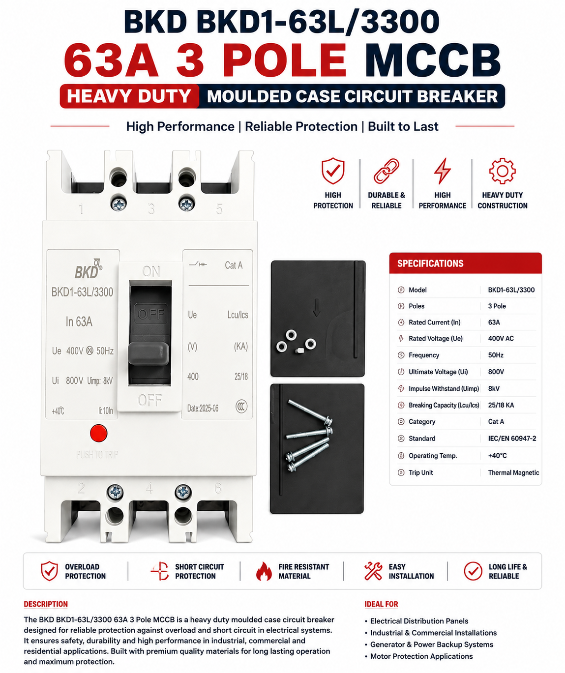 BKD BKD1-63L/3300 Heavy duty 63A 3 Pole MCCB Moulded Case Circuit Breaker, 400V 50Hz, Electrical Circuit Protection