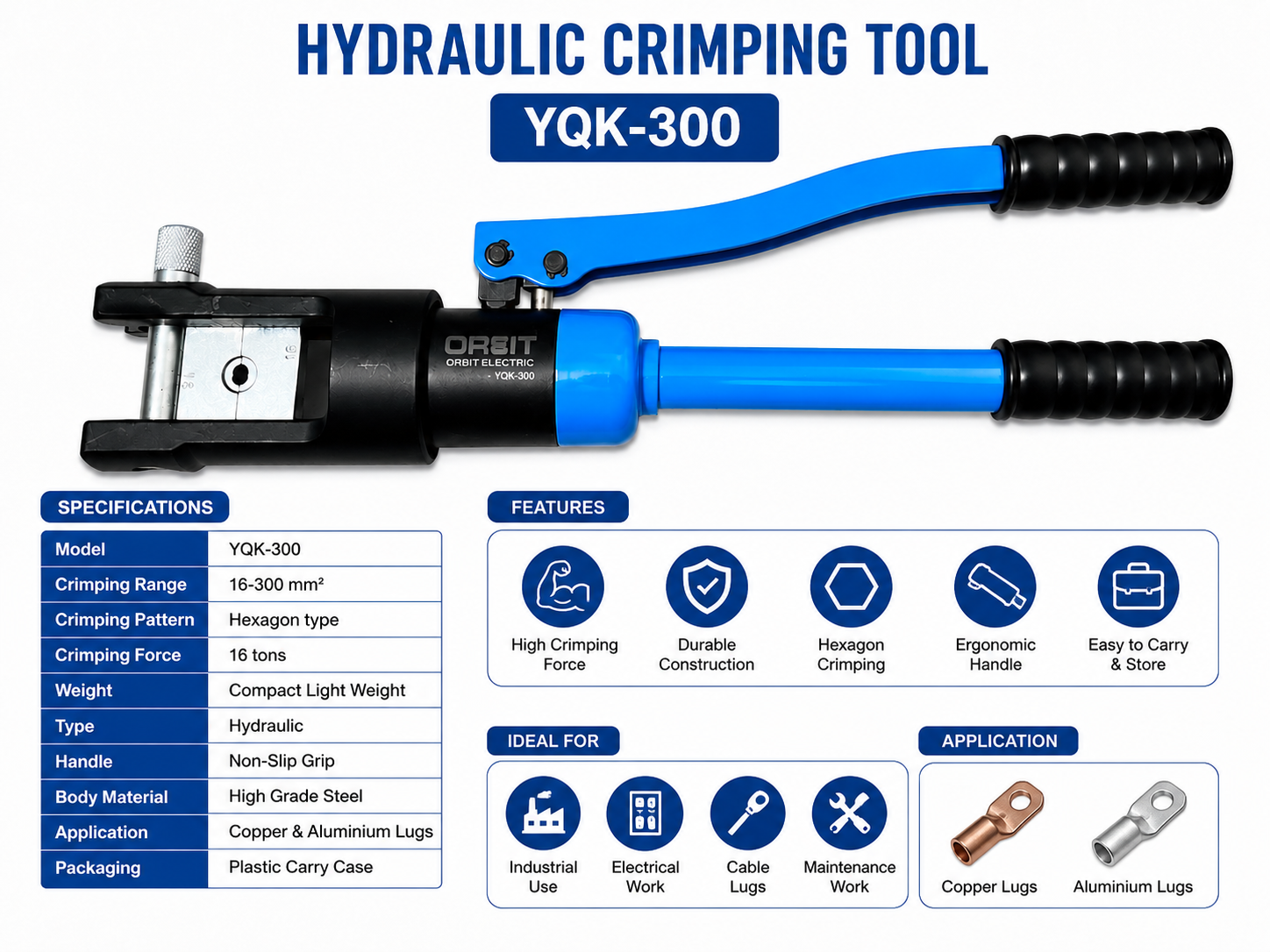 ORBIT YQK-300 Hydraulic Cable Lug Crimping Tool Kit 16-300 Sq.mm | 16 Ton Heavy Duty Hydraulic Hand Crimper | Hexagon Crimping Tool for Copper & Aluminium Cable Lugs with Carry Case