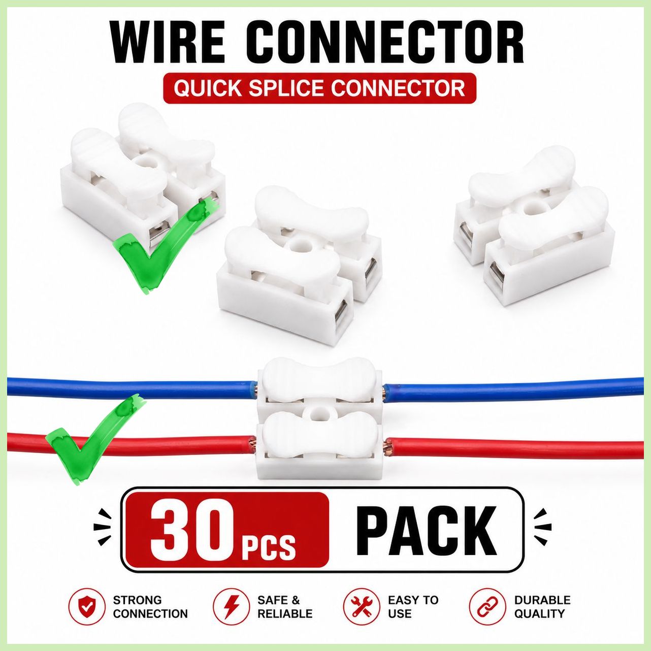 2 Pin Quick Wire Connector 30 PCS, Push Type Wire Connector, No Screw Terminal Block, Reusable Electrical Cable Joint Connector for LED Lights, Home Wiring & DIY Projects (White)