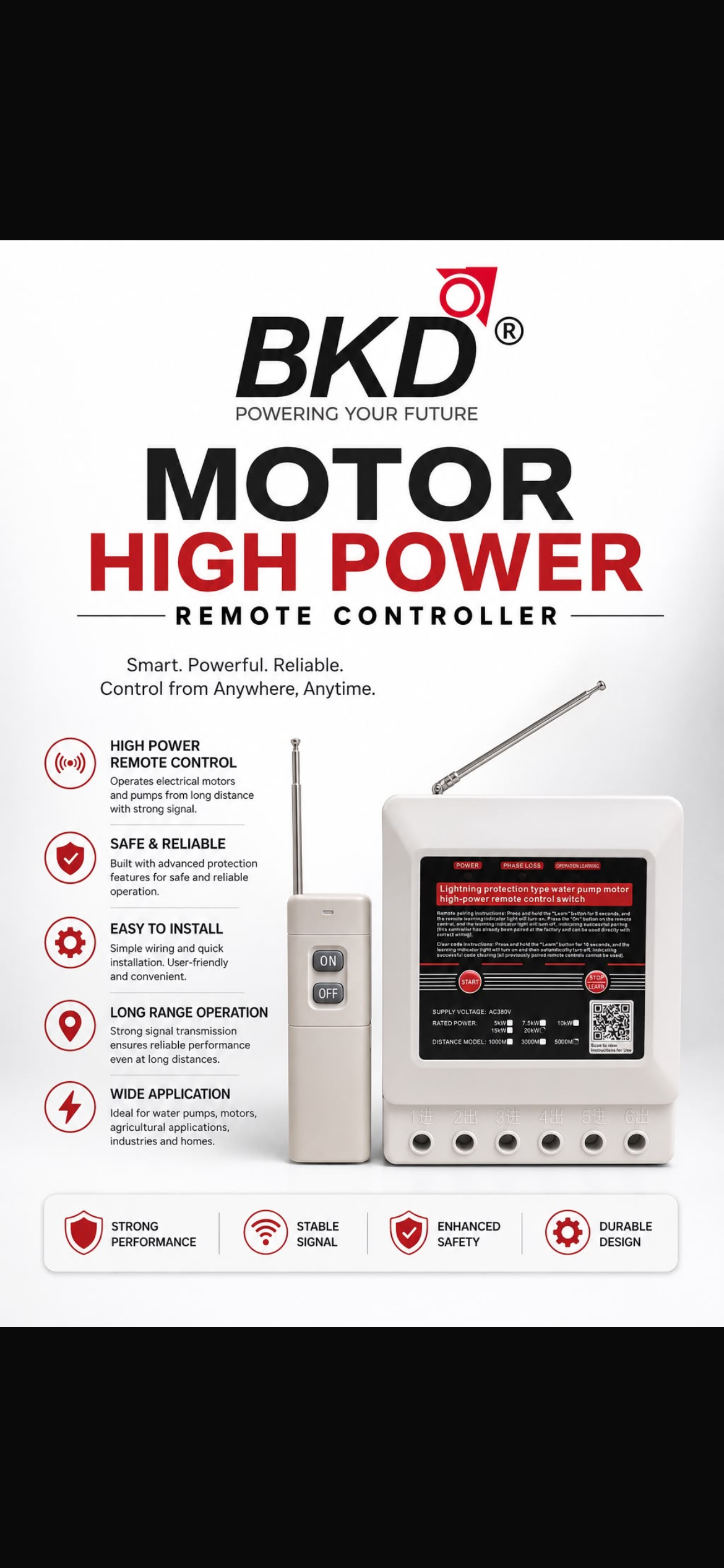 5000M Range 20kW (Approx. 40A) 3 Phase Wireless Water Pump Remote Control Switch | AC 380V | Supports Up to 25HP Motor | Long Distance ON/OFF Remote Controller | Lightning & Phase Loss Protection