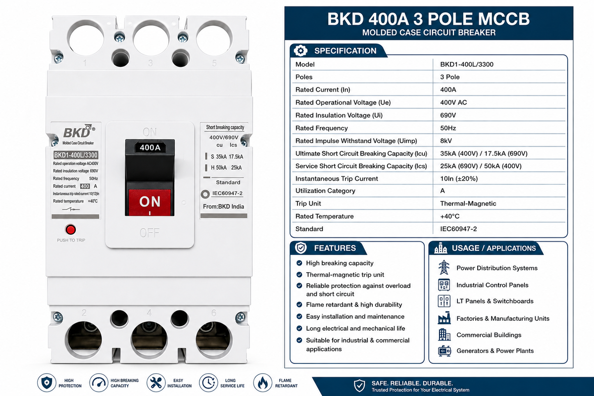 BKD 400A 3 Pole MCCB Molded Case Circuit Breaker | BKD1-400L/3300 | 400V AC | 50kA Breaking Capacity | Industrial Electrical Protection Switch