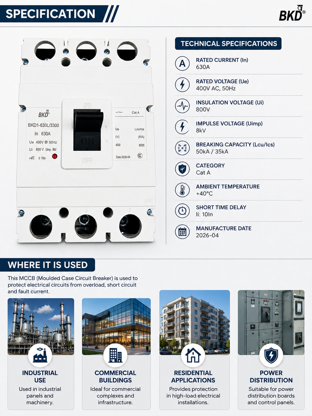 BKD 630A 3 Pole MCCB Molded Case Circuit Breaker | 400V AC | 50kA Breaking Capacity | Industrial Power Distribution & Protection