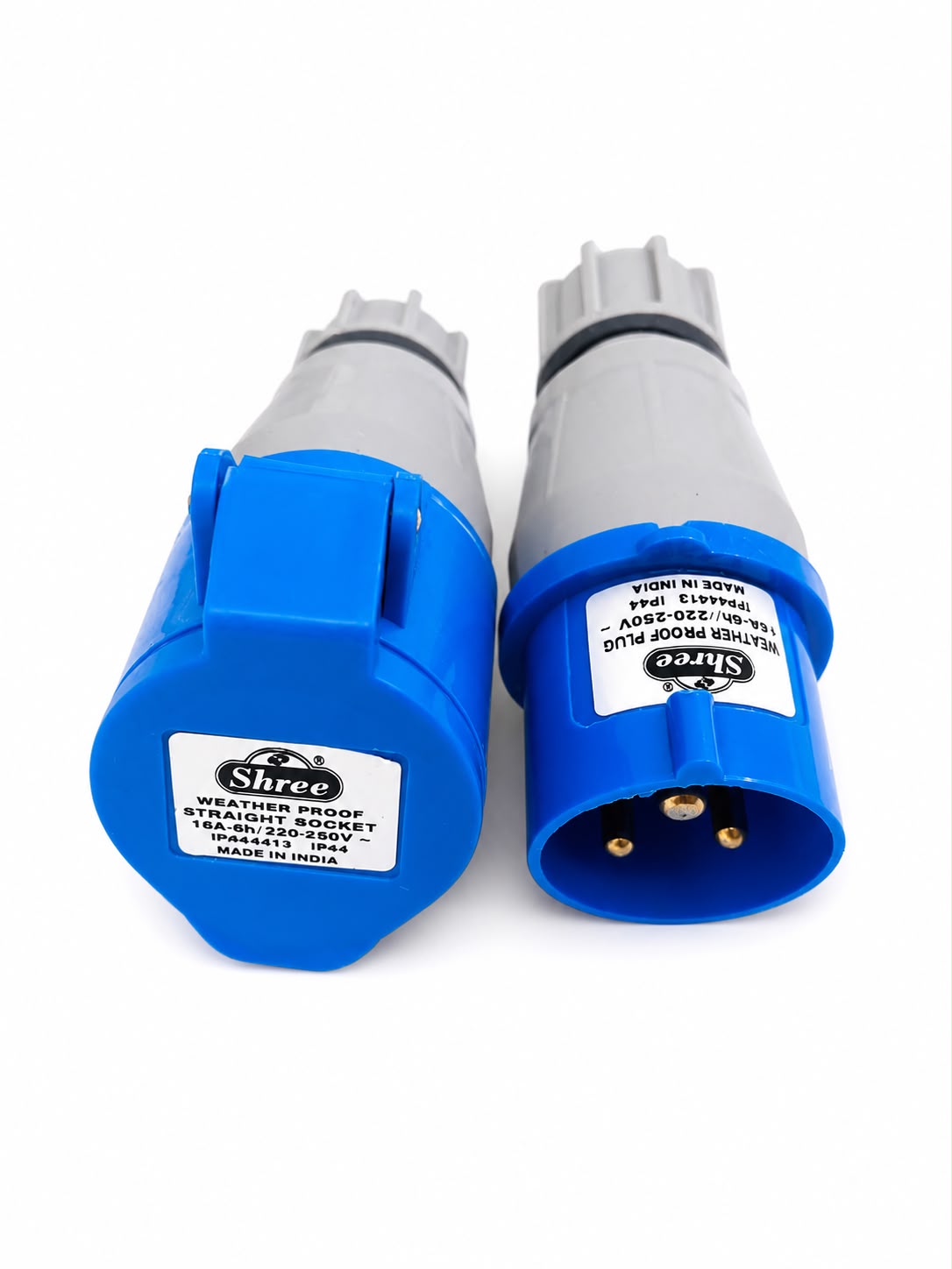 Shree 16A Straight Industrial Female Connector Socket | IP44 Weatherproof | 220-250V AC | 2P+E 3 Pin Industrial Straight Socket | Heavy Duty Electrical Power Connector | Blue & Grey | Made in India