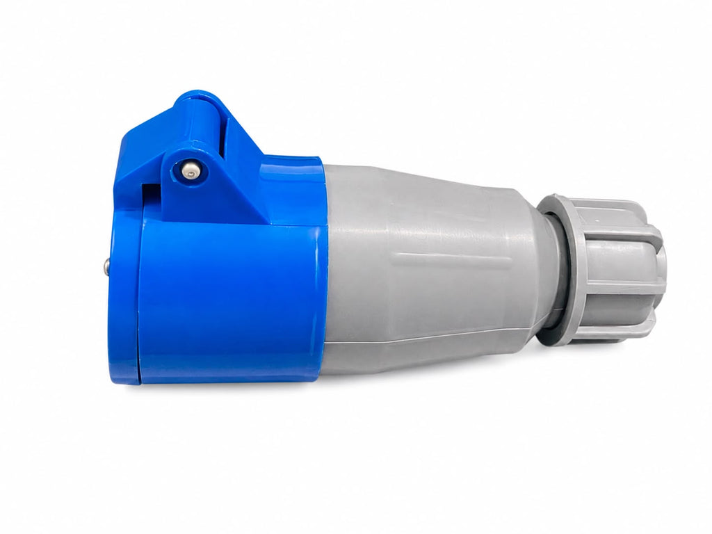 Shree 16A Straight Industrial Female Connector Socket | IP44 Weatherproof | 220-250V AC | 2P+E 3 Pin Industrial Straight Socket | Heavy Duty Electrical Power Connector | Blue & Grey | Made in India