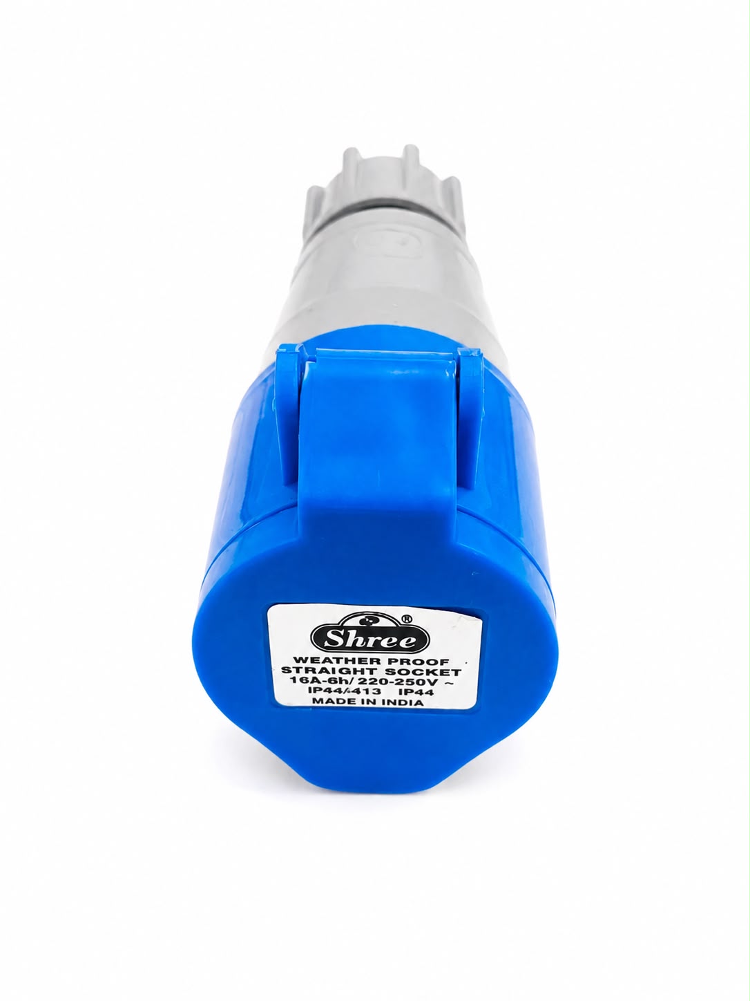 Shree 16A Straight Industrial Female Connector Socket | IP44 Weatherproof | 220-250V AC | 2P+E 3 Pin Industrial Straight Socket | Heavy Duty Electrical Power Connector | Blue & Grey | Made in India