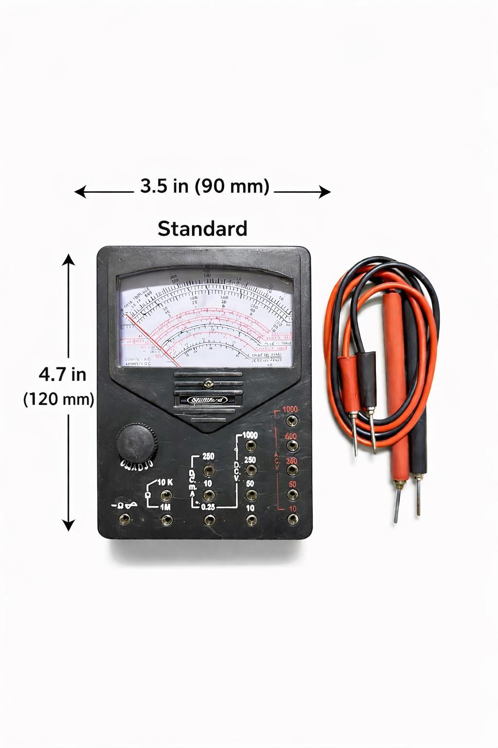 Standard Analog Multimeter Standard Size (90 x 120 mm) | AC/DC Voltage, DC Current & Resistance Measurement | Battery & Continuity Tester | Electrical Testing Meter with Test Leads | Black