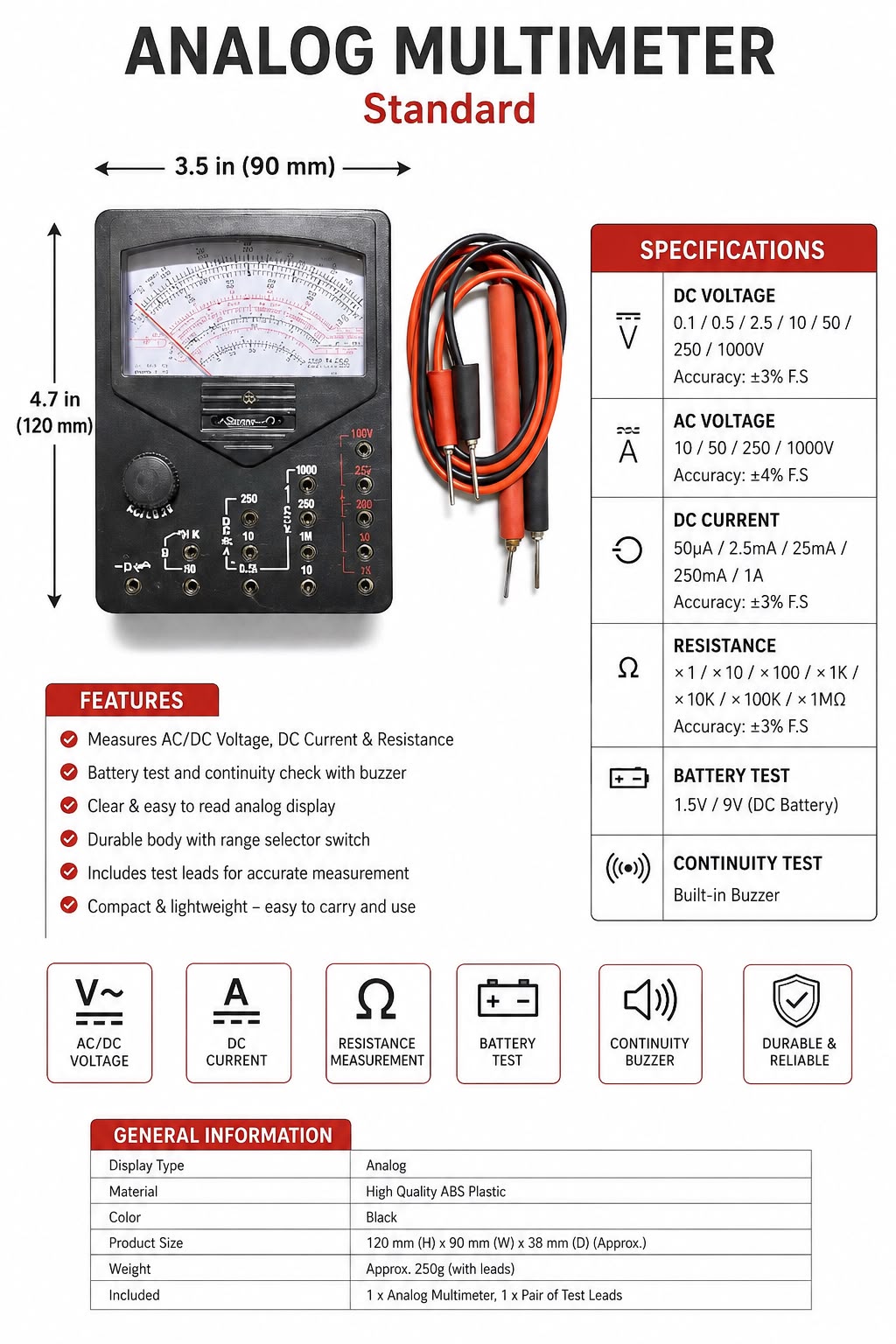 Standard Analog Multimeter Standard Size (90 x 120 mm) | AC/DC Voltage, DC Current & Resistance Measurement | Battery & Continuity Tester | Electrical Testing Meter with Test Leads | Black